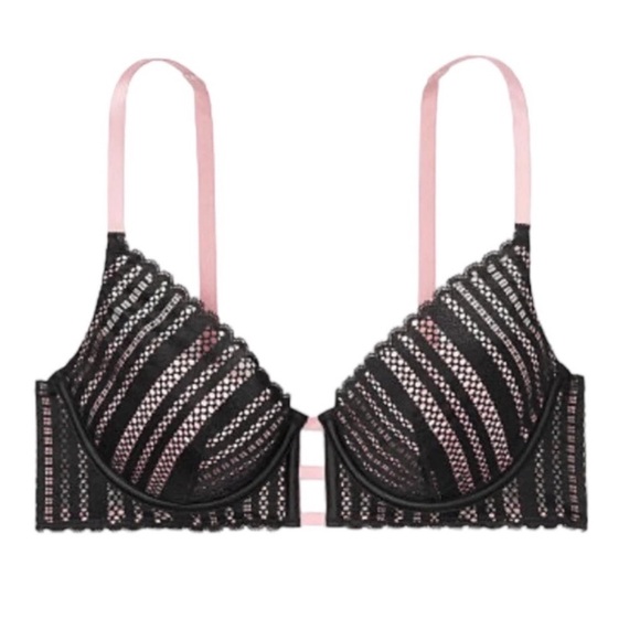Victoria’s Secret lined plunge underwire black & pink lace lingerie bra size 34D - Picture 3 of 14